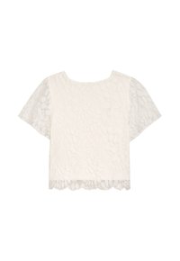 Weißes, kurzes Oberteil mit floralem Spitze-Muster, kurzen Ärmeln und gewelltem Saum. Verfügt über einen runden Halsausschnitt und durchsichtigem Stoff.