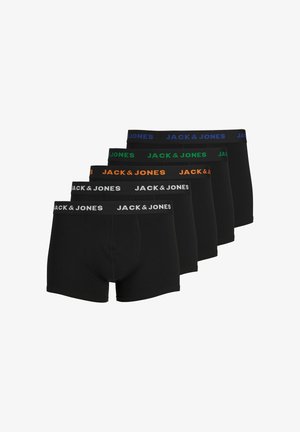 Boxer neri con vita elasticizzata in contrasto di colore verde, arancione, blu e grigio, con il testo del logo "JACK & JONES".