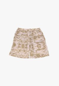 Beige camouflage shorts med elastisk talje, der har en struktureret stofkvalitet og subtile variationer i farvemønsteret.