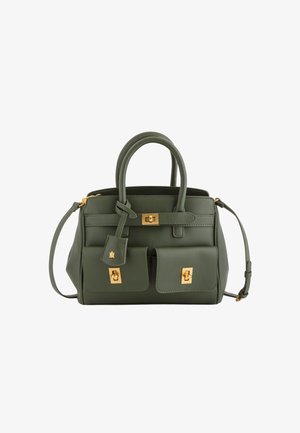 Grüne Lederhandtasche mit goldfarbenen Beschlägen, doppelten oberen Griffen, abnehmbarem Schulterriemen und zwei Fronttaschen mit Druckknopfverschlüssen.