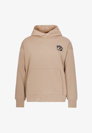 Felpa con cappuccio beige realizzata in morbido tessuto, caratterizzata da una tasca frontale e un piccolo logo ricamato sull'area sinistra del petto.