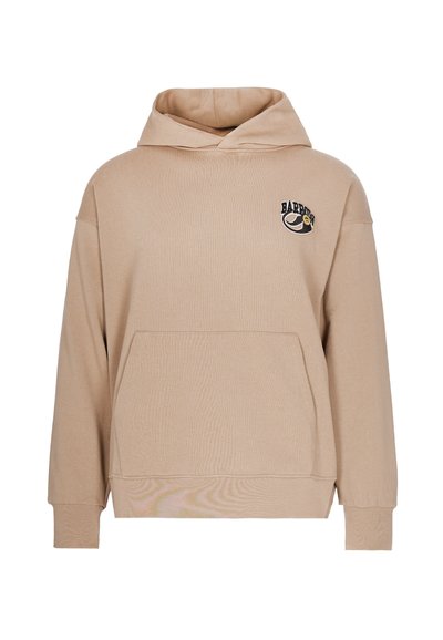 Sudadera con capucha beige hecha de tejido suave, con un bolsillo frontal y un pequeño logo bordado en el lado izquierdo del pecho.
