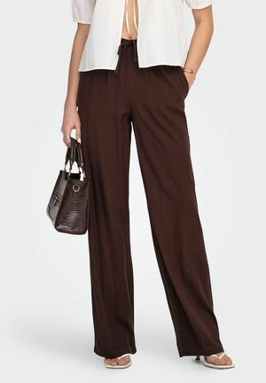 Femme portant un pantalon ample marron foncé, un chemisier blanc ouvert devant, des sandales blanches, et tenant un sac à main marron foncé texturé à ses côtés.