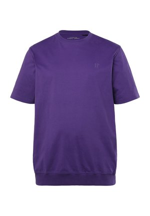 Paarse korte mouwen t-shirt van zachte katoen, met een ronde halslijn, een relaxte pasvorm en een subtiele logo op de borst. Zachte textuur.