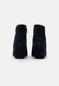 Stivaletti alla caviglia scamosciati di un blu navy scuro con tacco a blocco, cerniere laterali e una finitura liscia, caratterizzati da linee pulite e una silhouette strutturata.