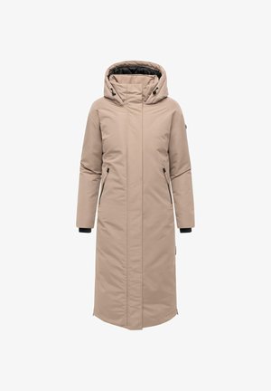 Jasno beżowy długi płaszcz z kapturem, zapinany na zamek, z bocznymi kieszeniami i czarnymi mankietami. Gładka tekstura i elegancki design.