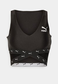 Sujetador deportivo negro con un diseño de escote en V, fabricado con un tejido brillante, tirantes anchos cruzados y un logo de Puma en blanco en la parte frontal.