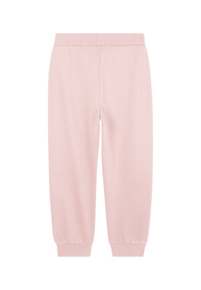 Pantalons de survêtement rose pâle en mélange de coton. Dotés d'une taille élastique et de poignets côtelés. Texture lisse sans motifs visibles.