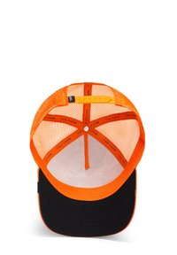 Oranges Netz-Trucker-Cap mit schwarzem Schirm. Inklusive verstellbarem Snapback, innen mit dem Druck "THE FARM" entlang des Bands.