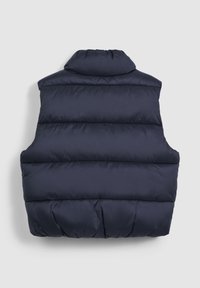 Dunkelblau gesteppte Weste, ärmelloses Design, gesteppte Textur mit horizontalen Abschnitten, hoher Kragen, weiches Material, keine sichtbaren Verschlüsse oder Akzente.