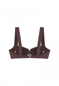 Sostén de tela marrón con tirantes anchos ajustables y cierre rectangular en la parte posterior. Presenta detalles de costura y soporte con aros.