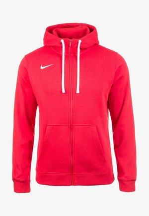 Felpa rossa con zip in misto cotone, dotata di cappuccio regolabile con coulisse, tasche anteriori, polsini a coste e logo Nike bianco sul petto.
