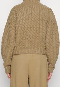 Pull en maille côtelée beige avec un col haut et un ourlet côtelé. Présente des manches bouffantes et un détail texturé au dos.
