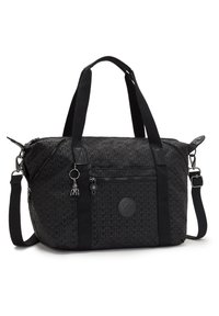 Black fabric handbag with geometric pattern, dual handles, detachable shoulder strap, front zip pocket, and logo detail on front.