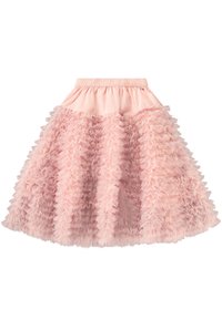 Rosa tyllskjørt med volangtekstur, med en rynket elastisk midjebånd. Det lagdelte designet skaper volum og bevegelse.