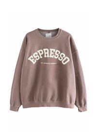Felpa marrone realizzata in materiale morbido, con scollo rotondo, maniche lunghe e testo "ESPRESSO" in grande formato bianco. Polsini e orlo elasticizzati.