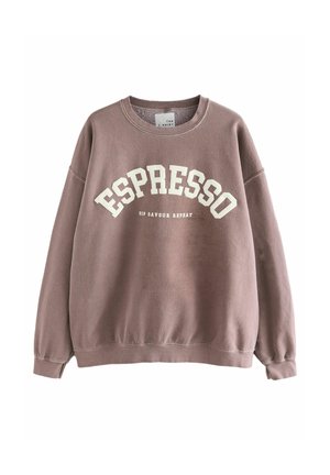 Rjav pulover iz mehke tkanine, s krožnim vratnim izrezom, dolgimi rokavi in belim napisom "ESPRESSO" v velikem tisku. Elastični manšeti in spodnji rob.