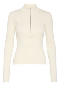 Maglietta bianca a maniche lunghe con colletto alto e zip a quarti sul davanti. Presenta un design aderente e un tessuto testurizzato.