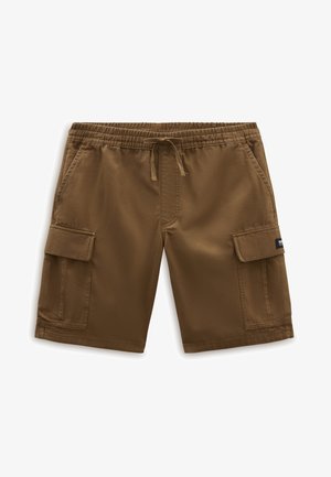Short cargo marron avec taille élastique et cordon, poches latérales avant et poches cargo à rabat sur chaque cuisse.
