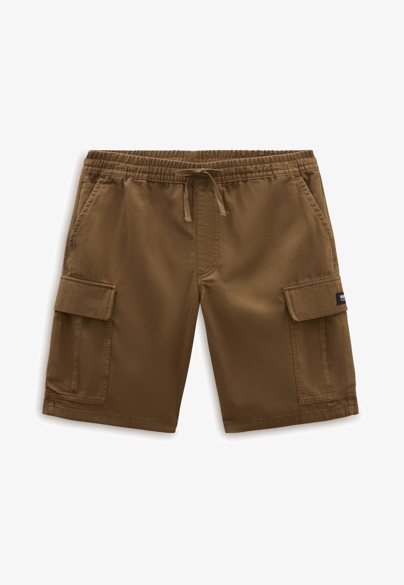 Short cargo marron avec taille élastique et cordon, poches latérales avant et poches cargo à rabat sur chaque cuisse.