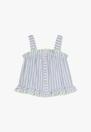 Blauw-wit gestreept mouwloos topje met verticale strepen, knopen aan de voorkant en een rucheszoom, afgewerkt met neon geelgroen.