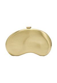 Torebki w kolorze mosiądzu o organicznym, zaokrąglonym kształcie z gładką, odbijającą powierzchnią; posiadają zamek na górze w formie gałki.