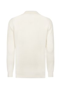 Sweter w kolorze kremowym, okrągły dekolt, długie rękawy, ściągacze przy mankietach i dolnym brzegu, gładka tekstura, prosty design, brak widocznych wzorów czy akcentów.