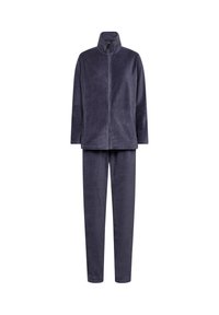 Navy blue fleece tracksuit featuring a zip-up jacket with a high collar and matching pants; soft texture and long sleeves.