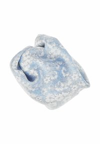 Helles Blau, strukturiertes Strickgewebe mit floralen Mustern, locker zerknitterte Form, weiche Textur und dezenter Glanz. Entwickelt als Schal oder Umhang.