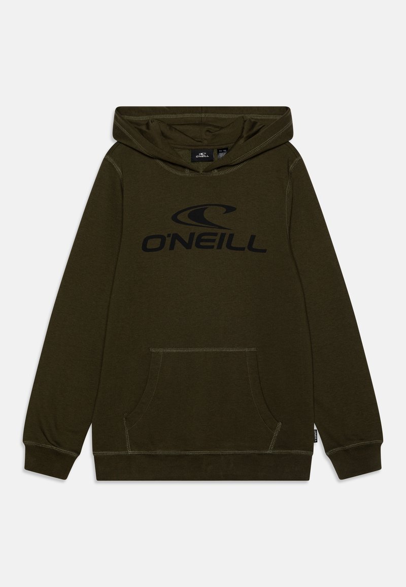 Oliven grøn hoodie med stort sort "O'Neill" logo, kenguru lomme, ribbede manchetter og kant, lavet af blødt stof med synlige syninger.