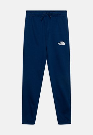 Pantaloni de trening bleumarin, dintr-un material moale, având o talie elastică cu șnur și un logo alb în partea superioară stângă.