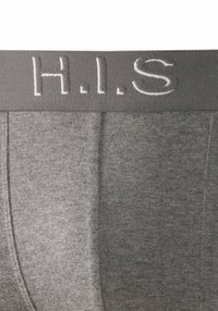 Sive bombažni bokserji z širokim elastikastim pasom, na katerem je izvezena oznaka "H.I.S" v svetlejšem sivem. Tkanina ima gladko teksturo.