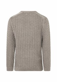 Grau strukturierter Pullover mit rundem Ausschnitt, gerippten Bündchen und einem einzigartigen Rautenmuster im gesamten Stoff. Rückansicht dargestellt.