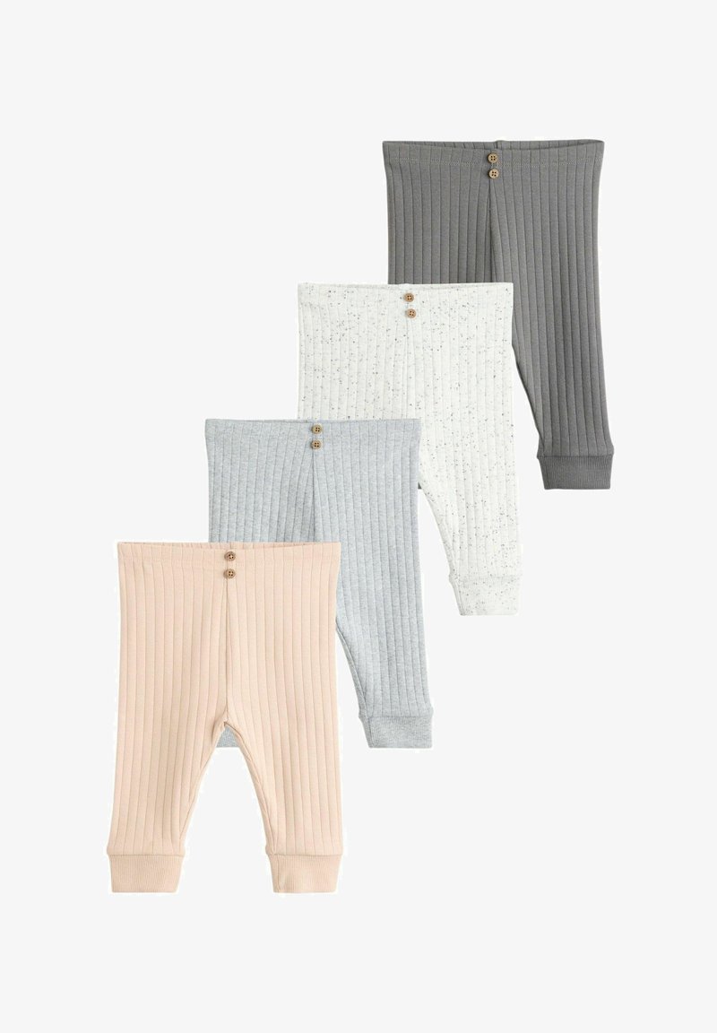 Vier Paar gerippte Babyhosen in Beige, Hellgrau, Weiß mit Sprenkeln und Dunkelgrau, jeweils mit zwei kleinen Knöpfen am Bund.