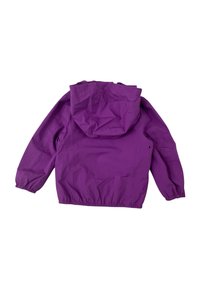 Giacca con cappuccio viola realizzata in materiale leggero, con polsini elastici e orlo con cordoncino, dalla texture liscia e opaca.