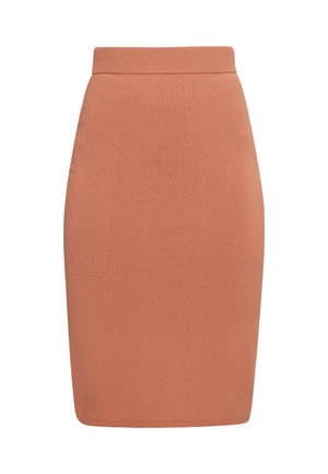 Jupe crayon en tricot terracotta avec une taille haute. Texture lisse, silhouette ajustée et design mi-genou. Sans motifs ni accents.