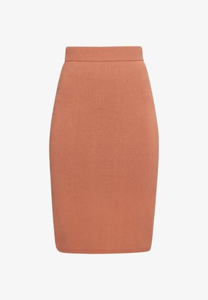 Strikket blyantskørt i terracotta med høj talje. Glat tekstur, tætsiddende silhuet og knælangt design. Ingen mønstre eller accenter.