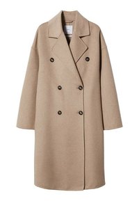 Abrigo de mezcla de lana beige con un diseño de doble pecho, grandes solapas y cierre de botones. Presenta mangas anchas y una silueta relajada.