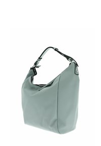 Sac à main en cuir gris clair avec une finition texturée, une bandoulière amovible et des accents argentés. Il dispose d'une fermeture zippée sur le dessus.