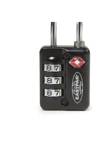 Candado de combinación negro de Eastpak con diales ajustados a "8-7-7", con una cerradura y un logo rojo de la TSA sobre un fondo blanco.
