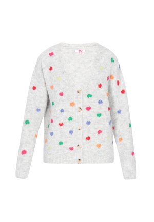 Cardigan gri cu decolteu în V, cu pete colorate în formă de inimă în roz, verde, portocaliu și albastru, având butoane din lemn pe față.