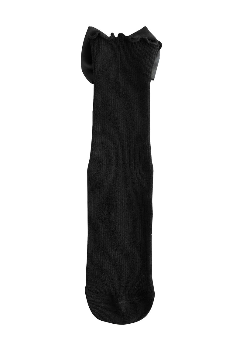 Schwarze knielange Socke mit gerippter Textur, gerafftem oberen Rand und glattem Finish. Das Design ist einfach und weist keine zusätzlichen Muster oder Akzente auf.