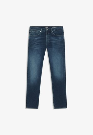 Granatowe dżinsy o prostym kroju, z niewielkimi przetarciami, pięcioma kieszeniami i markowym paskiem.