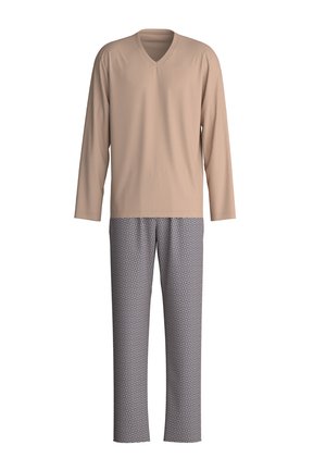 Lichtbeige lange mouw V-hals top gecombineerd met gestreepte pyjamabroek in marineblauw, wit en bordeauxrood. Zachte stof, ontspannen pasvorm.