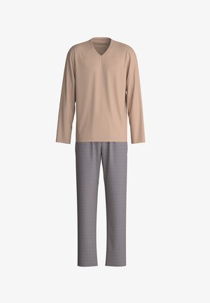 Lichtbeige lange mouw V-hals top gecombineerd met gestreepte pyjamabroek in marineblauw, wit en bordeauxrood. Zachte stof, ontspannen pasvorm.