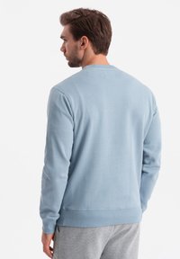 Felpa azzurra in tessuto morbido, con maniche lunghe e polsini e orlo a costine. Design semplice senza motivi o grafiche aggiuntive.