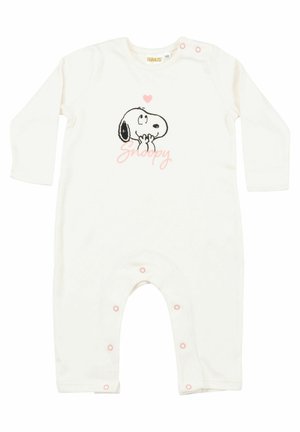 White long-sleeve baby romper with Snoopy illustration, pink heart above, pink "Snoopy" text, and pink snap buttons on shoulder and legs.