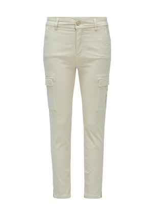 Pantalons cargo beiges en mélange de coton, dotés de deux poches latérales, d'une coupe droite, d'une fermeture à bouton et de passants de ceinture.