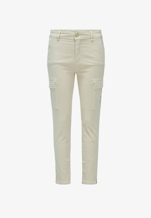 Pantalons cargo beiges en mélange de coton, dotés de deux poches latérales, d'une coupe droite, d'une fermeture à bouton et de passants de ceinture.