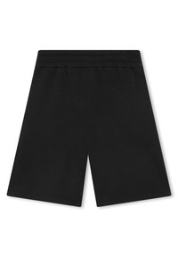 Pantaloni corti neri in cotone con una vita elastica, caratterizzati da una texture liscia e un design morbido. Nessun motivo o dettaglio visibile.